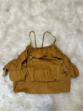 Free People Mustard Ruffle-Trim Spaghetti Strap Crop Top